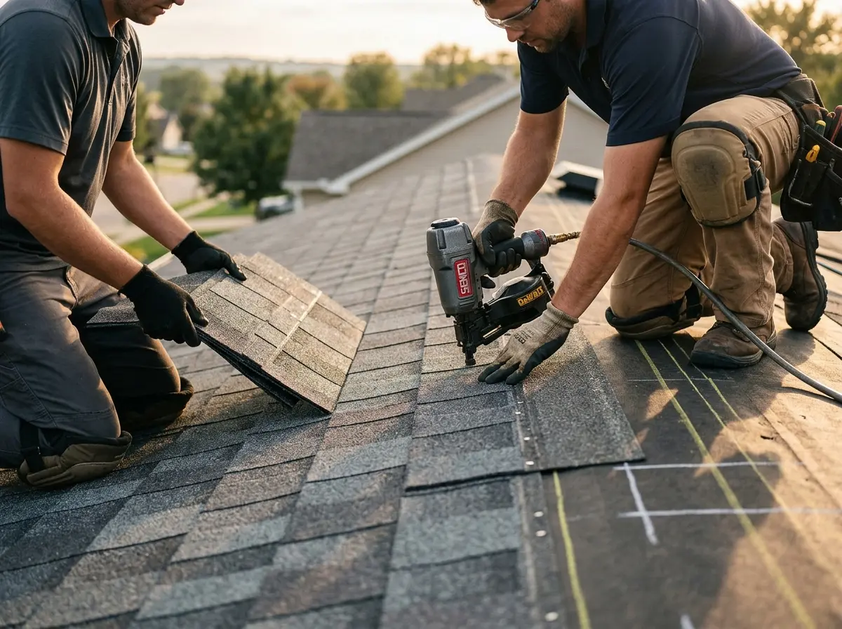 Professional roofer working on a residential roof in Herndon